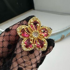 Blossom Gold Pink Floral Crystal Stainless Steel Adjustable Ring